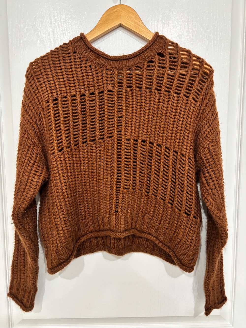 Silverflint Rust Brown Open Knit Cropped Crewneck Sweater Women Size S